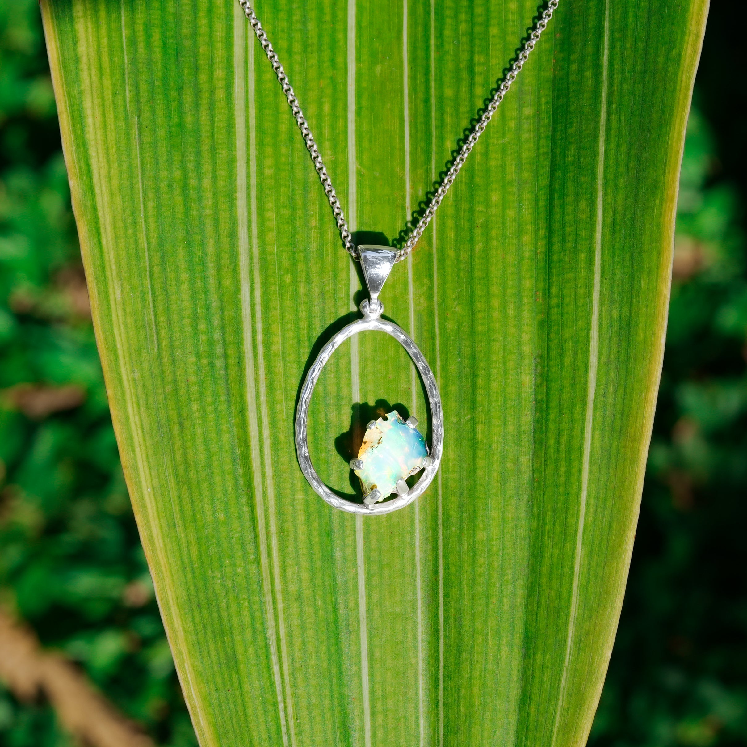 Starborn Raw Natural Ethiopian Opal Sterling Silver Hammered Hoop Pendant