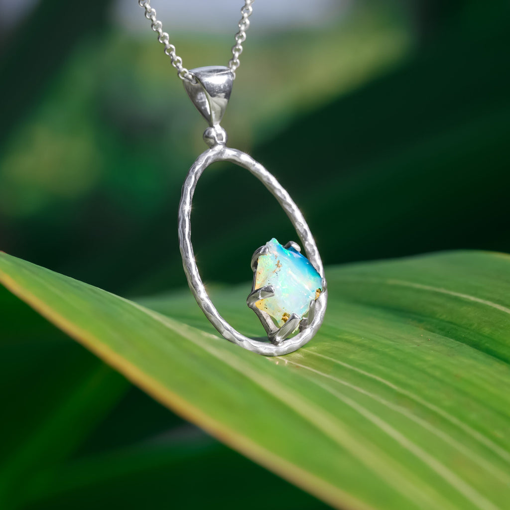 Starborn Raw Natural Ethiopian Opal Sterling Silver Hammered Hoop Pendant