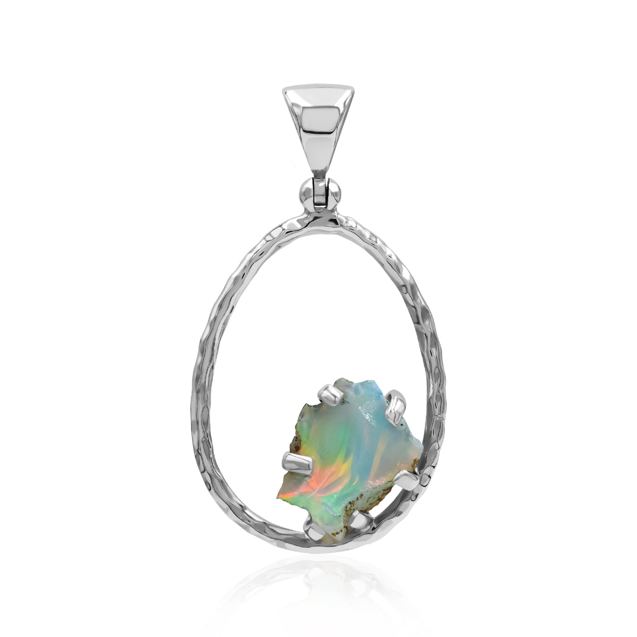 Starborn Raw Natural Ethiopian Opal Sterling Silver Hammered Hoop Pendant