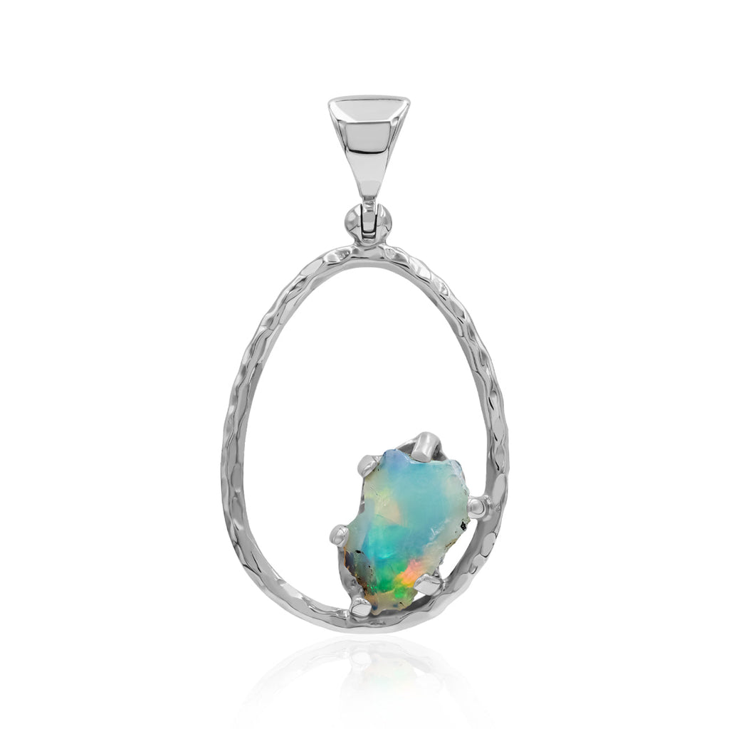 Starborn Raw Natural Ethiopian Opal Sterling Silver Hammered Hoop Pendant