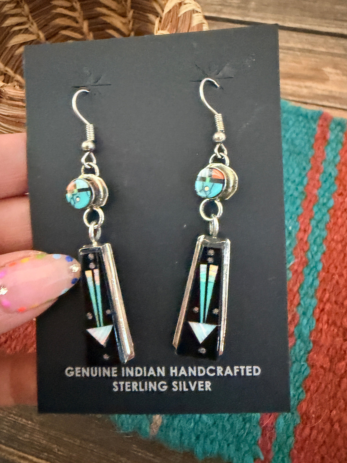 Handcrafted Multi Stone & Sterling Silver Inlay Sun Face Dangle Earrings