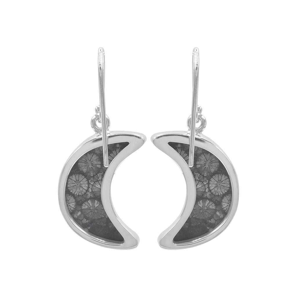 Starborn Fossil Coral Crescent Moon Earrings in Sterling Silver