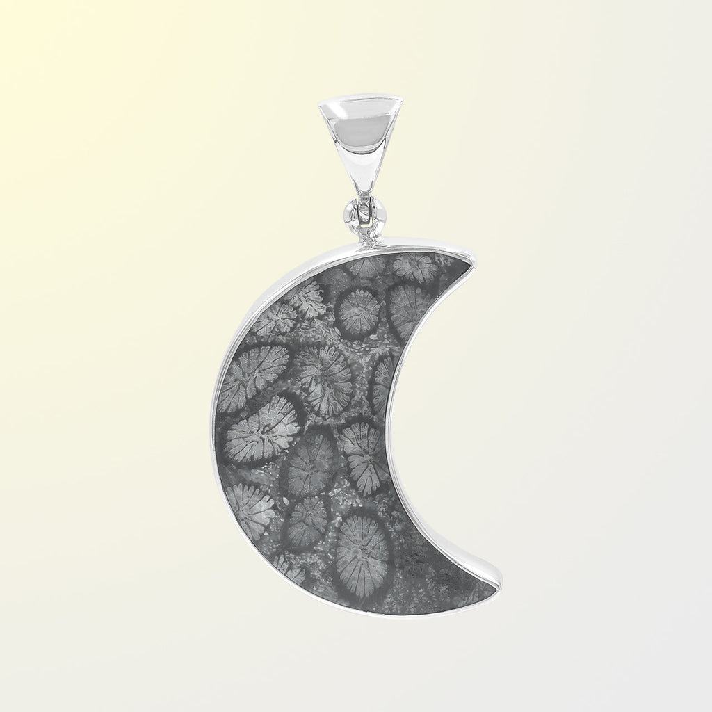Starborn Fossil Coral Crescent Moon Pendant in Sterling Silver
