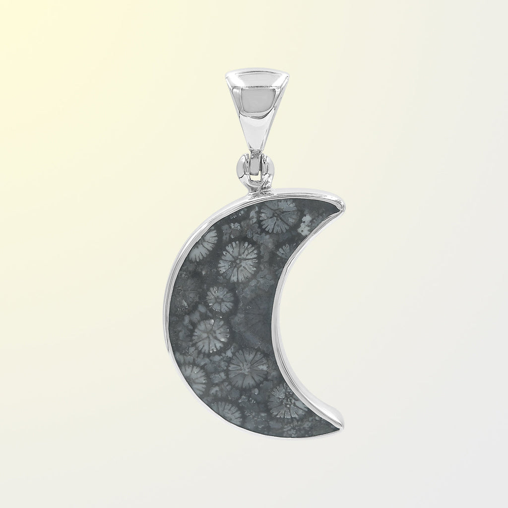 Starborn Fossil Coral Crescent Moon Pendant in Sterling Silver
