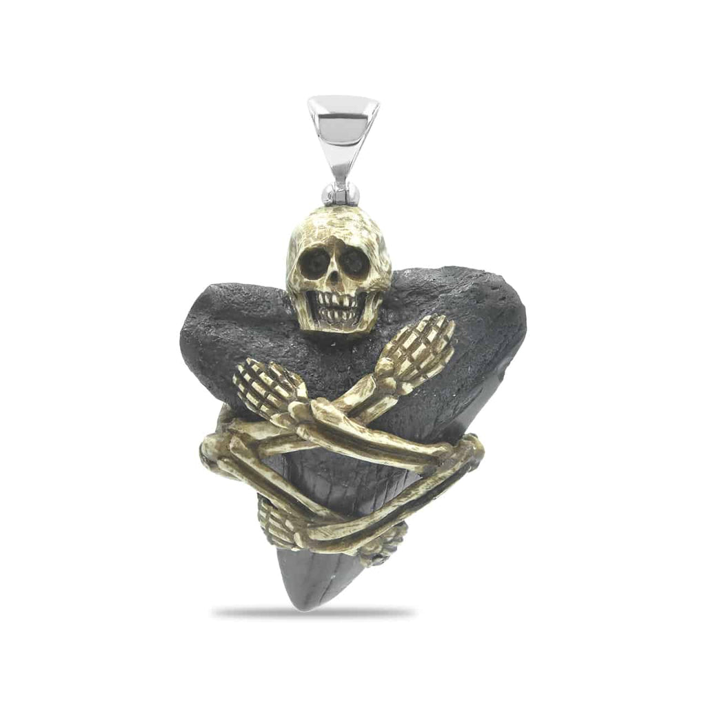 Starborn Fossilized Shark Tooth Pendant with Decorative Skeleton Carving