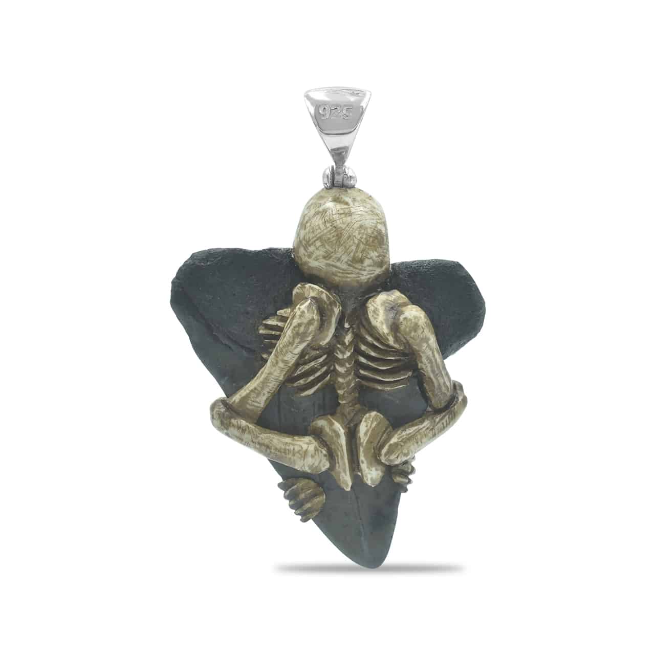Starborn Fossilized Shark Tooth Pendant with Decorative Skeleton Carving