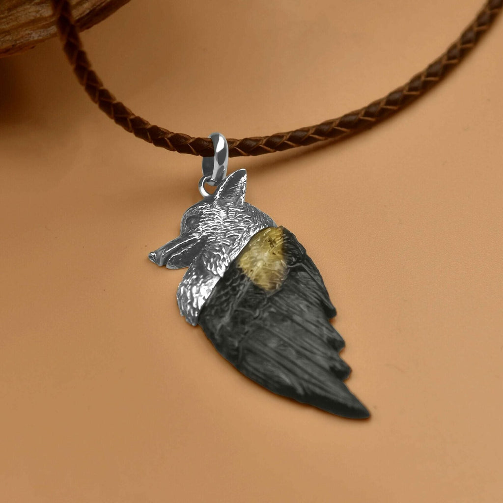 Starborn Carved Fossil Palm Wood Winged Wolf Style Pendant in Sterling Silver