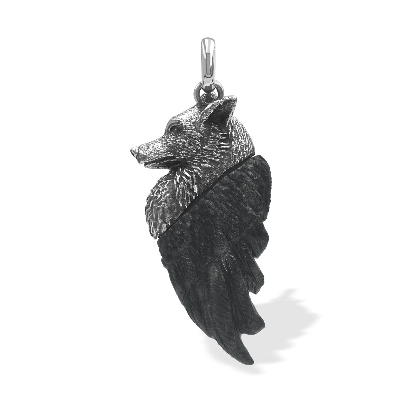 Starborn Carved Fossil Palm Wood Winged Wolf Style Pendant in Sterling Silver