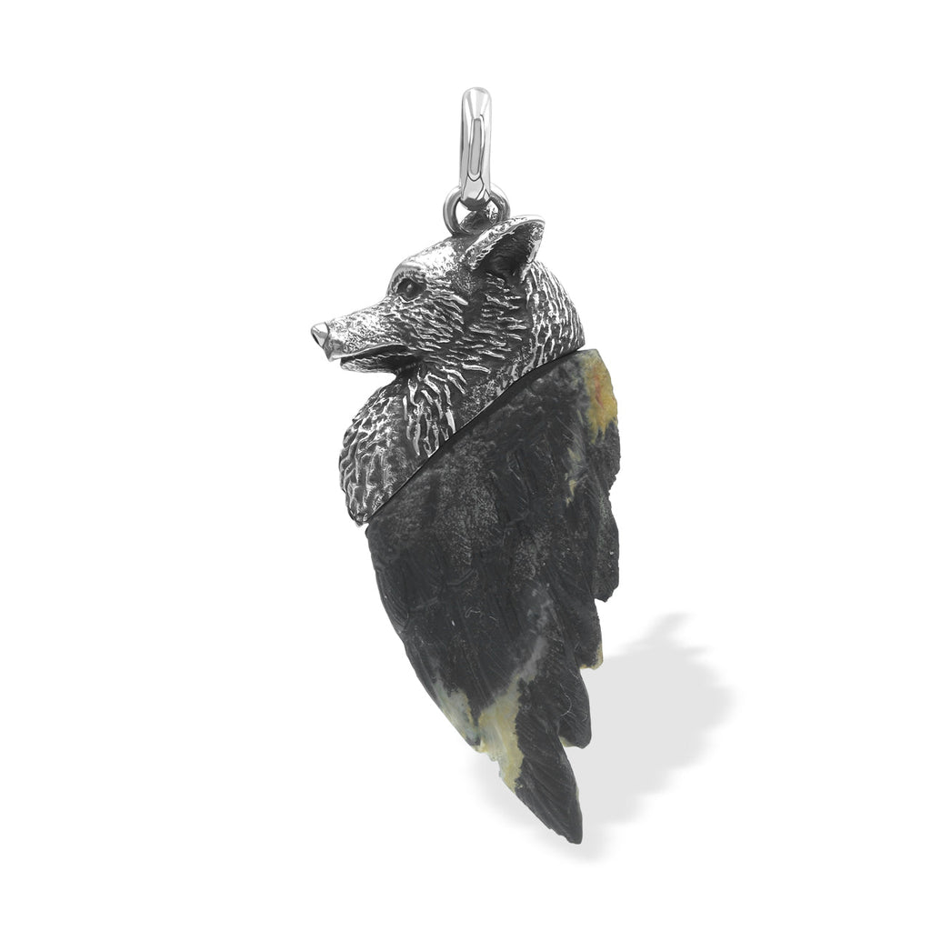 Starborn Carved Fossil Palm Wood Winged Wolf Style Pendant in Sterling Silver