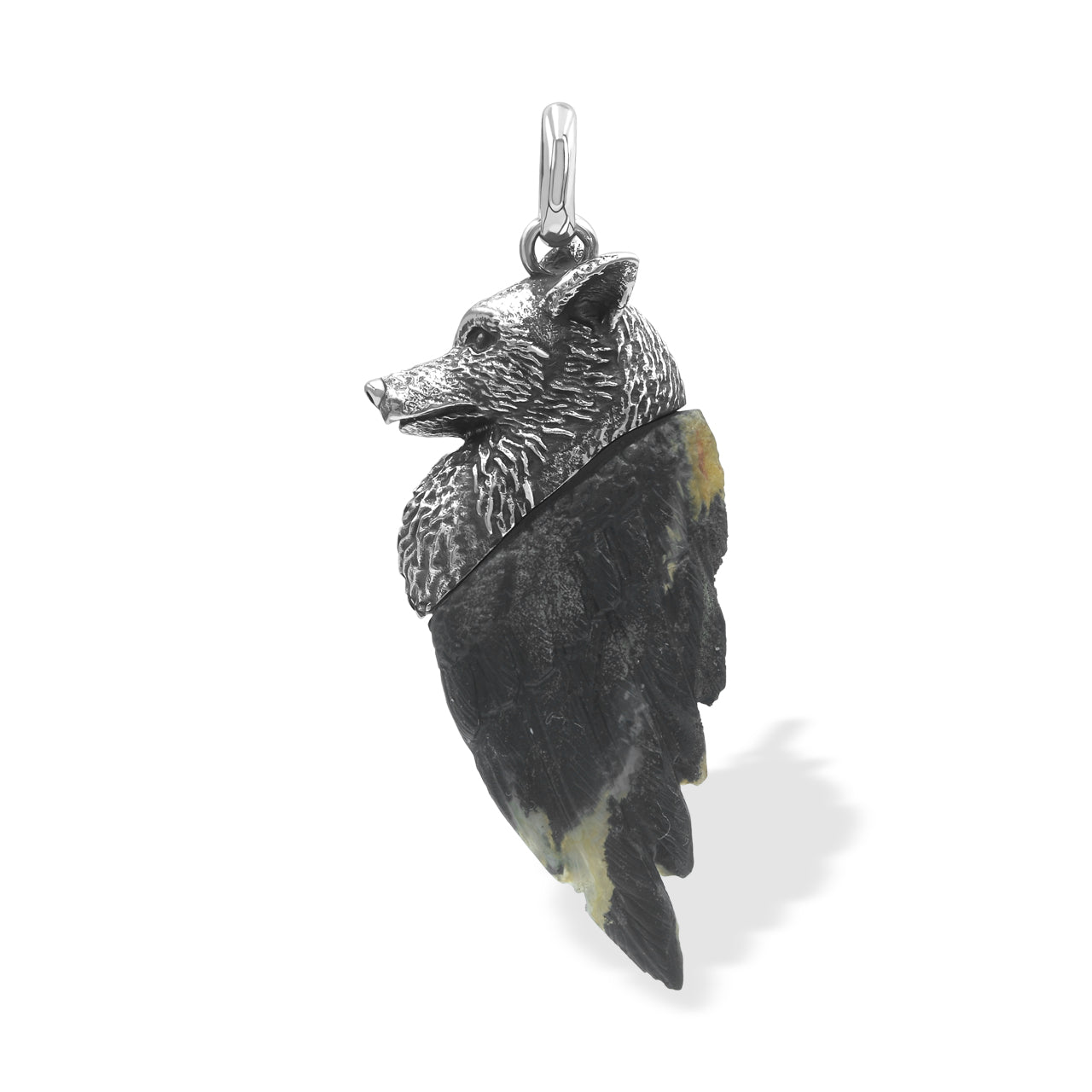 Starborn Carved Fossil Palm Wood Winged Wolf Style Pendant in Sterling Silver