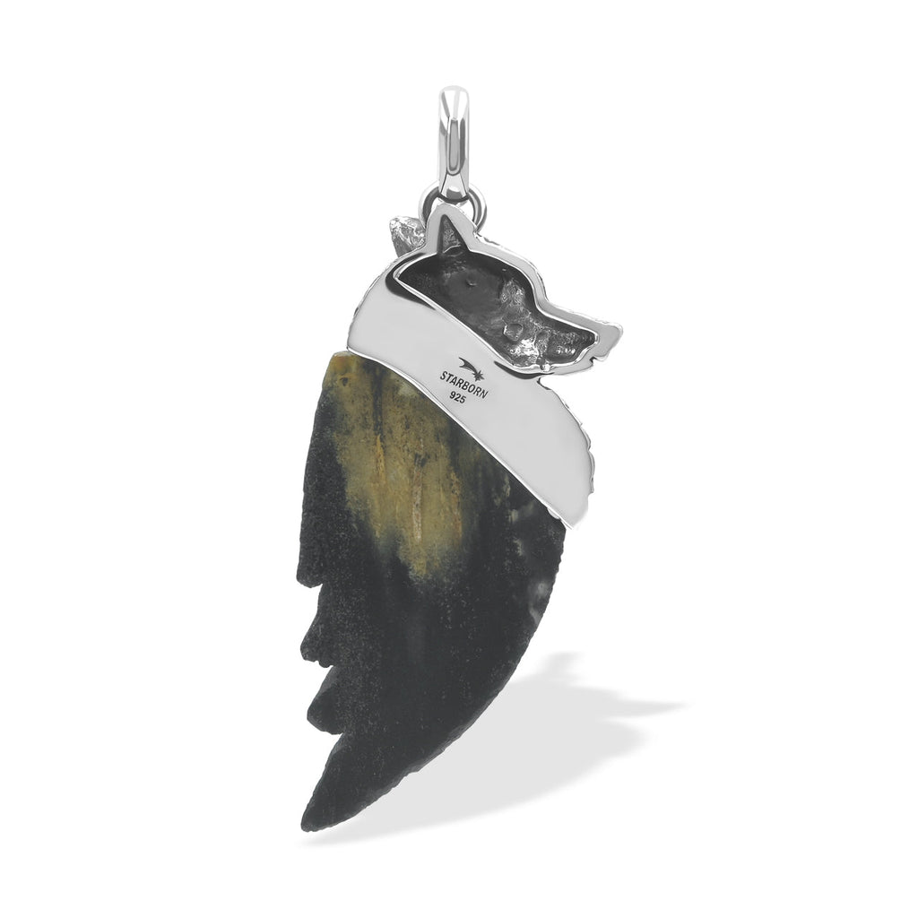 Starborn Carved Fossil Palm Wood Winged Wolf Style Pendant in Sterling Silver