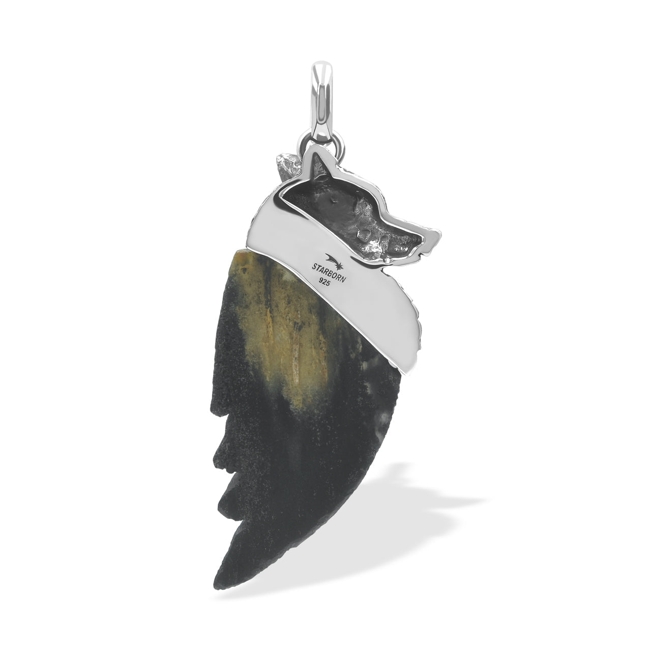 Starborn Carved Fossil Palm Wood Winged Wolf Style Pendant in Sterling Silver