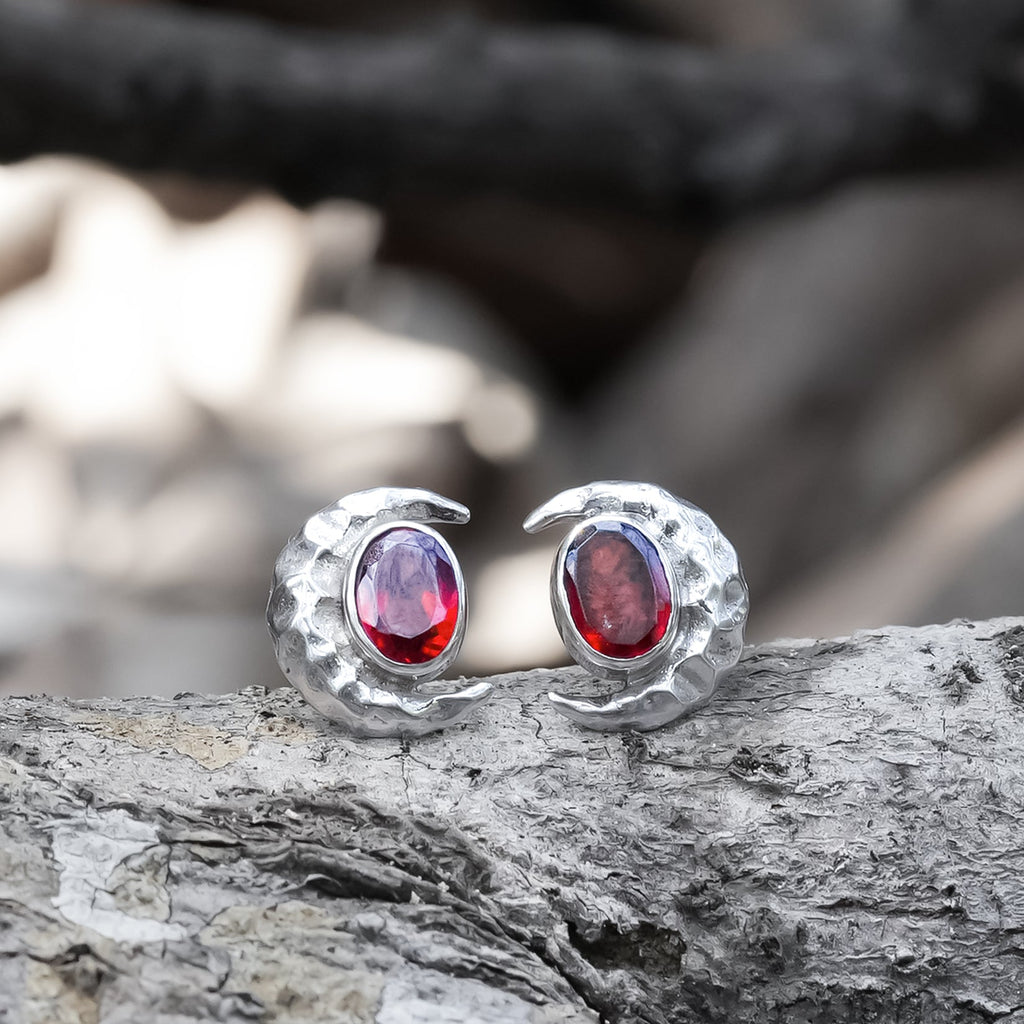 Starborn Faceted Oval Gemstone Post Earrings with Hammered Crescent Moon Accent in Sterling Silver