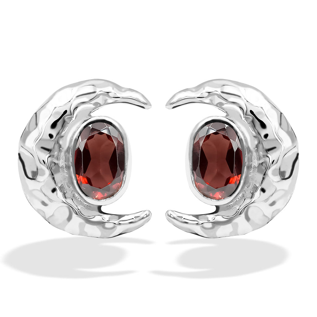 Starborn Faceted Oval Gemstone Post Earrings with Hammered Crescent Moon Accent in Sterling Silver
