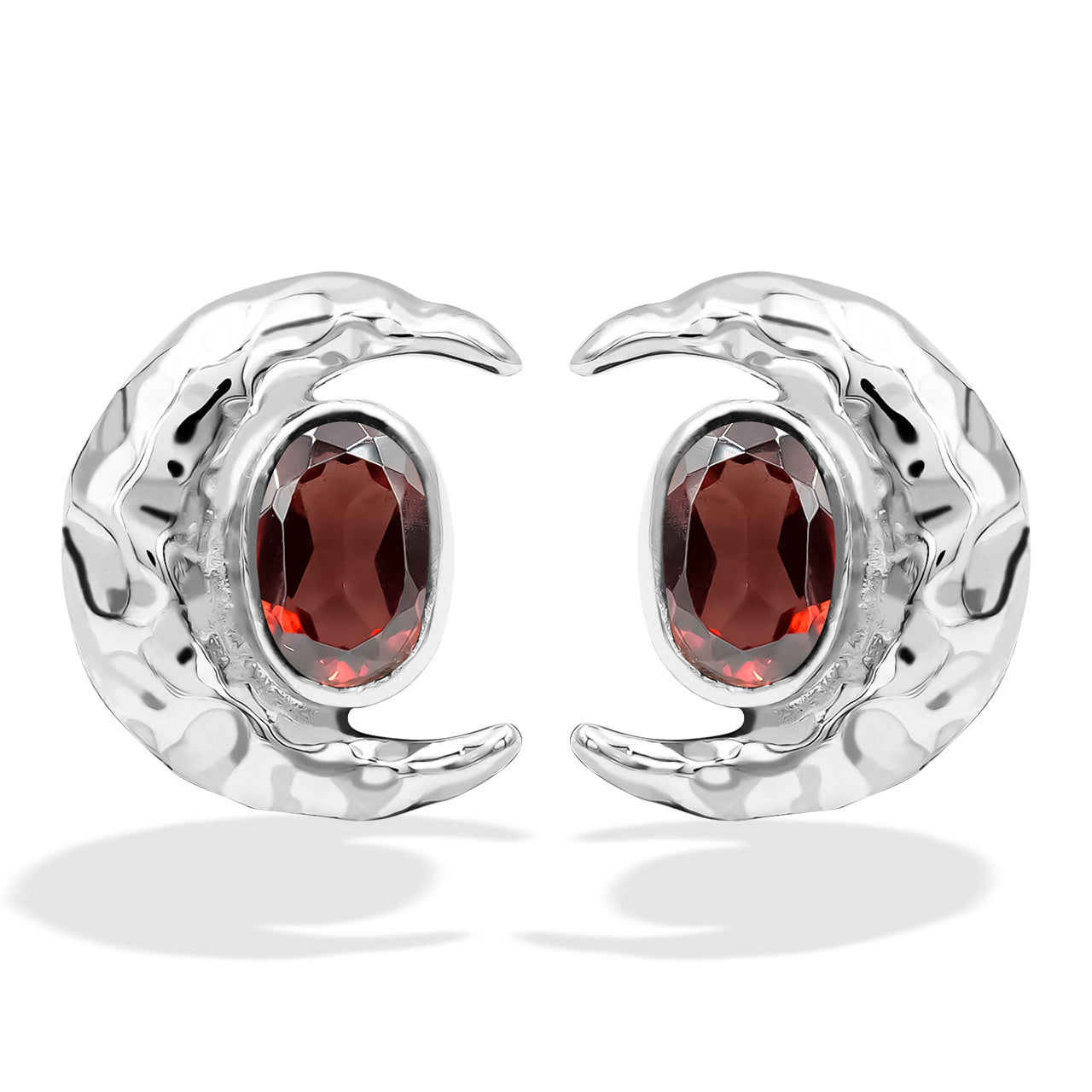 Starborn Faceted Oval Gemstone Post Earrings with Hammered Crescent Moon Accent in Sterling Silver