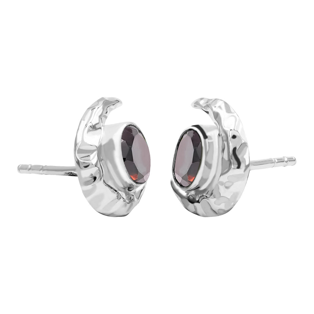 Starborn Faceted Oval Gemstone Post Earrings with Hammered Crescent Moon Accent in Sterling Silver