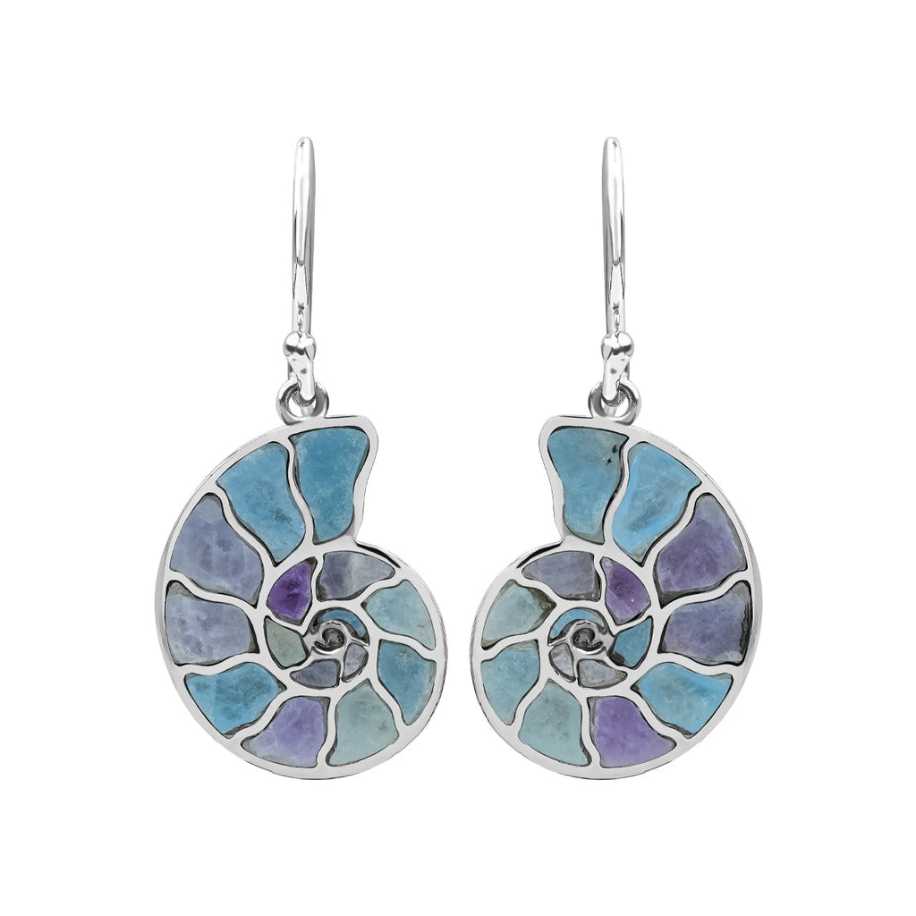 Starborn Nautilus Ammonite with Gemstones Inlay Earring in Sterling Silver - Large