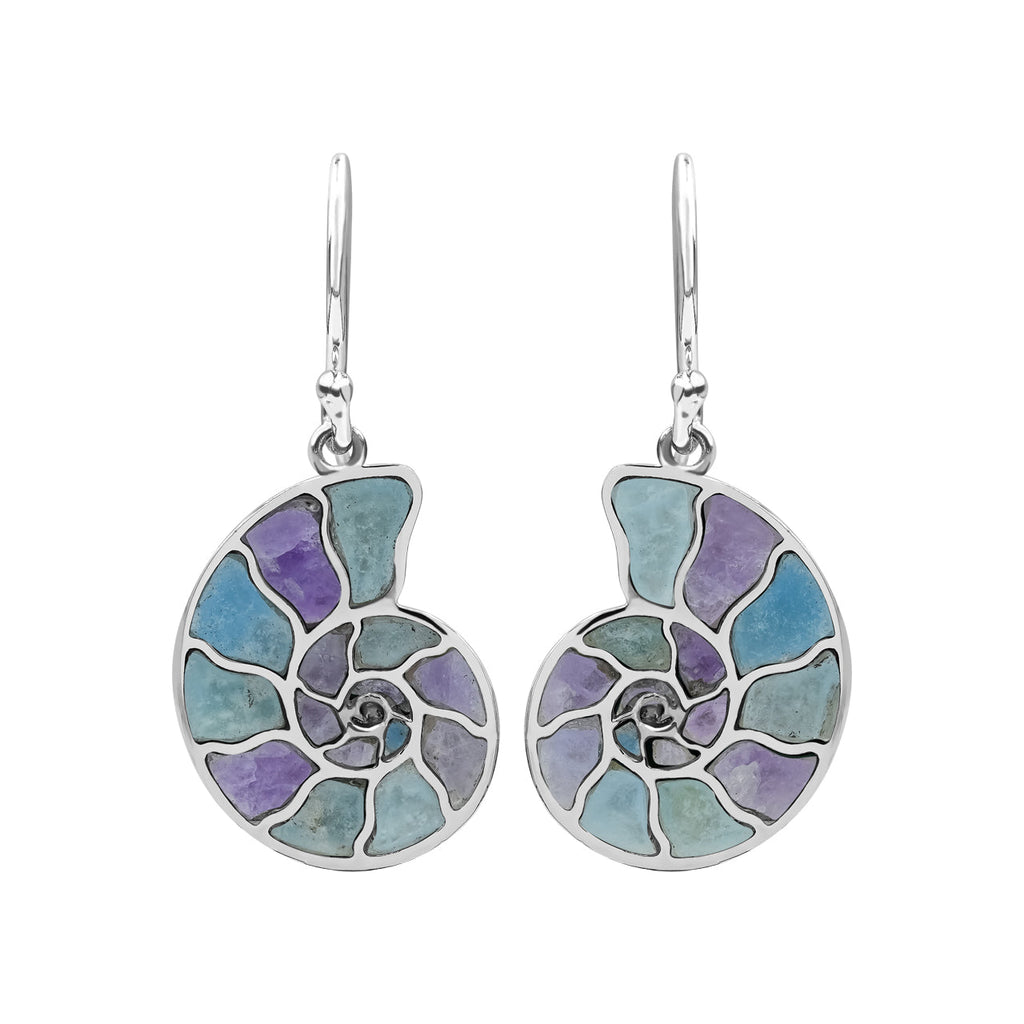 Starborn Nautilus Ammonite with Gemstones Inlay Earring in Sterling Silver - Large