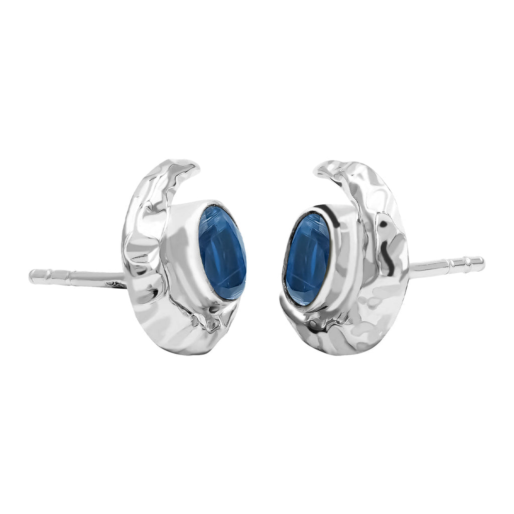 Starborn Faceted Oval Gemstone Post Earrings with Hammered Crescent Moon Accent in Sterling Silver