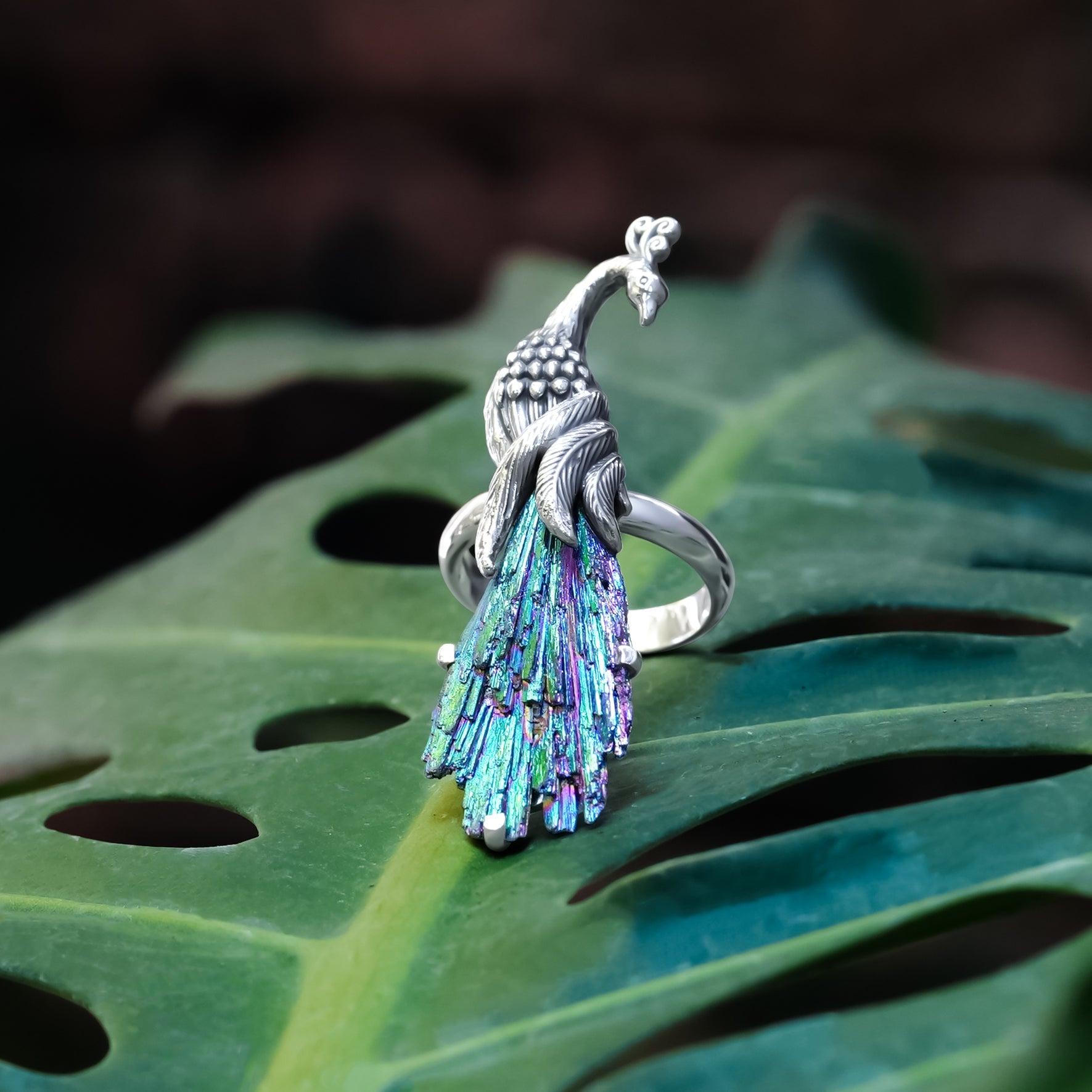 Starborn Aura Kyanite Crystal Peacock Ring in Sterling Silver