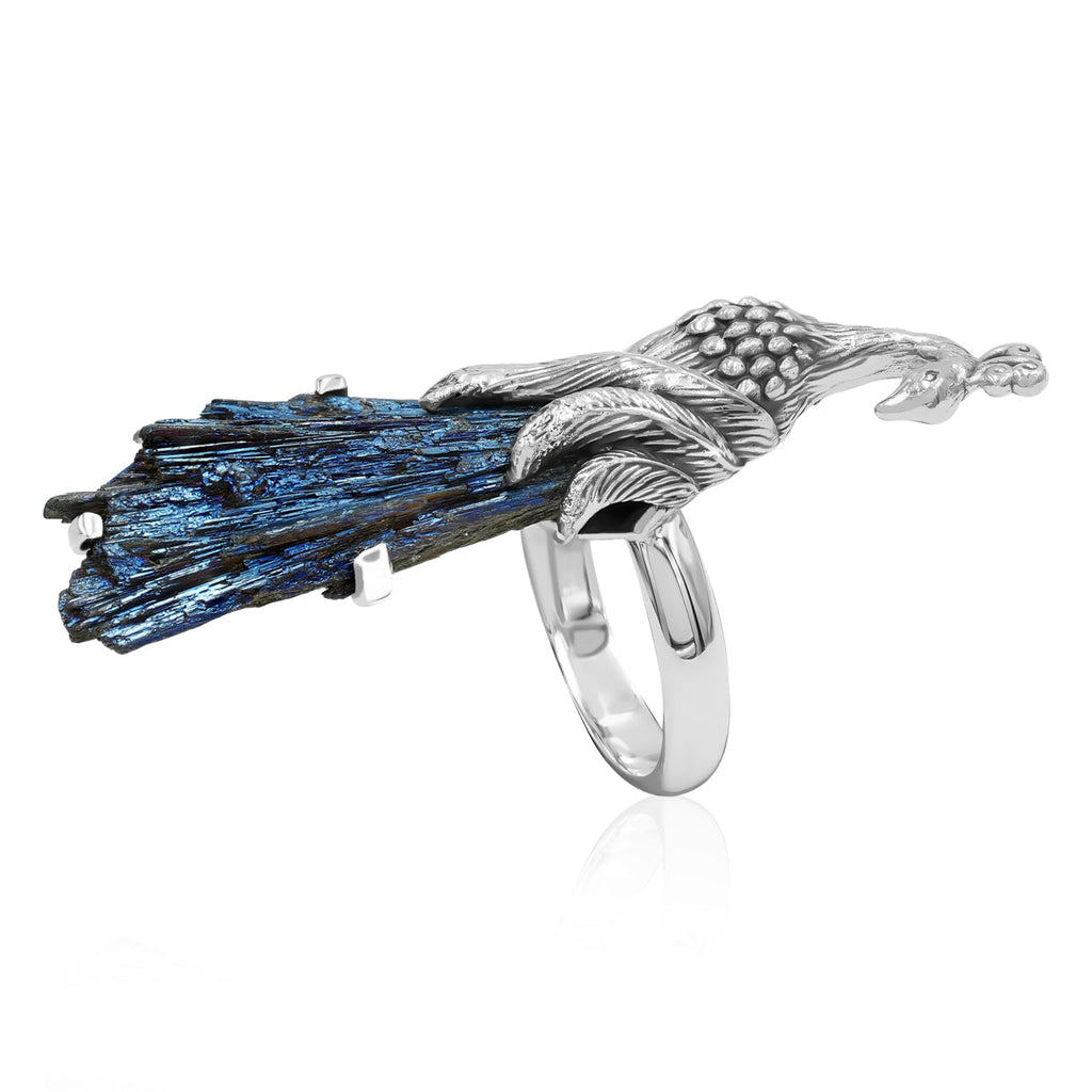 Starborn Aura Kyanite Crystal Peacock Ring in Sterling Silver