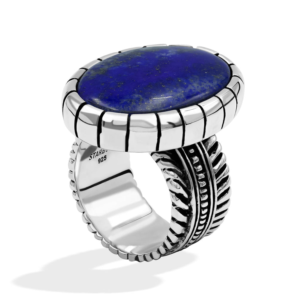 Starborn Lapis Lazuli Striped Bezel Ring with Bali Design Shank in Sterling Silver