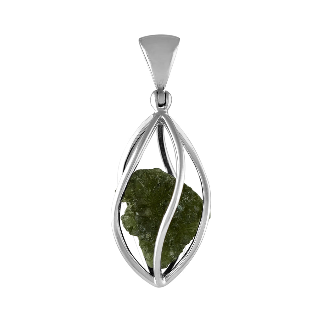 Starborn Natural Moldavite Pendant in Pointed Sterling Silver Spiral Cage