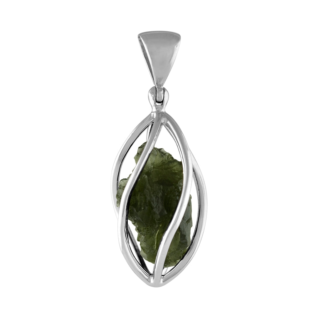 Starborn Natural Moldavite Pendant in Pointed Sterling Silver Spiral Cage