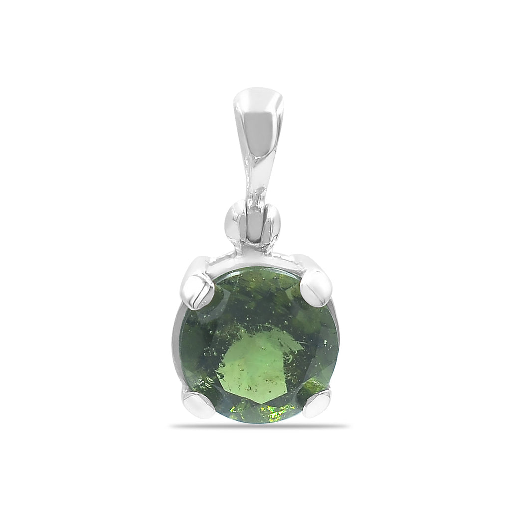 Starborn Faceted Round-Shaped Moldavite Pendant in Fine Sterling Silver