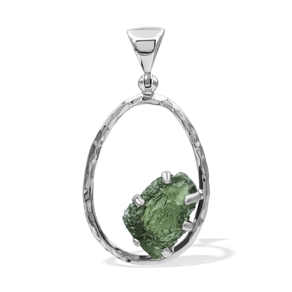 Starborn Raw Moldavite 925 Sterling Silver Hammered Hoop Pendant