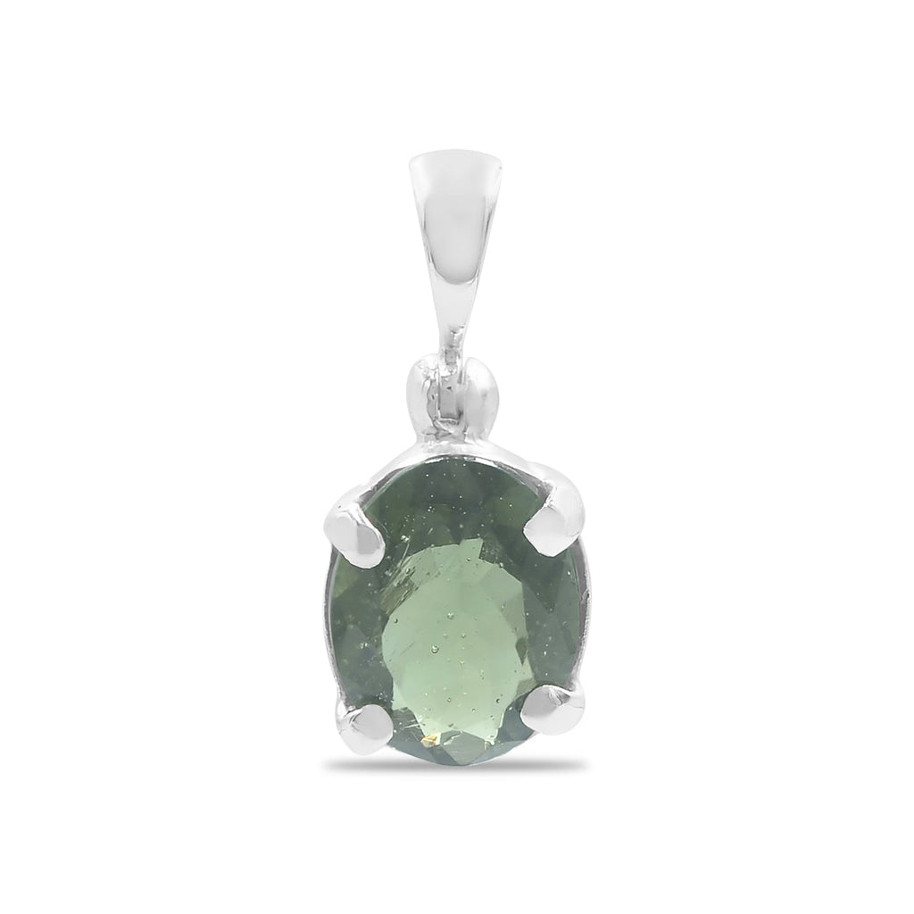 Starborn Oval Faceted Moldavite Prong Set Pendant in Sterling Silver - Large
