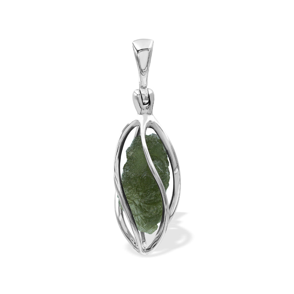 Starborn Natural Moldavite Pendant in Pointed Sterling Silver Spiral Cage