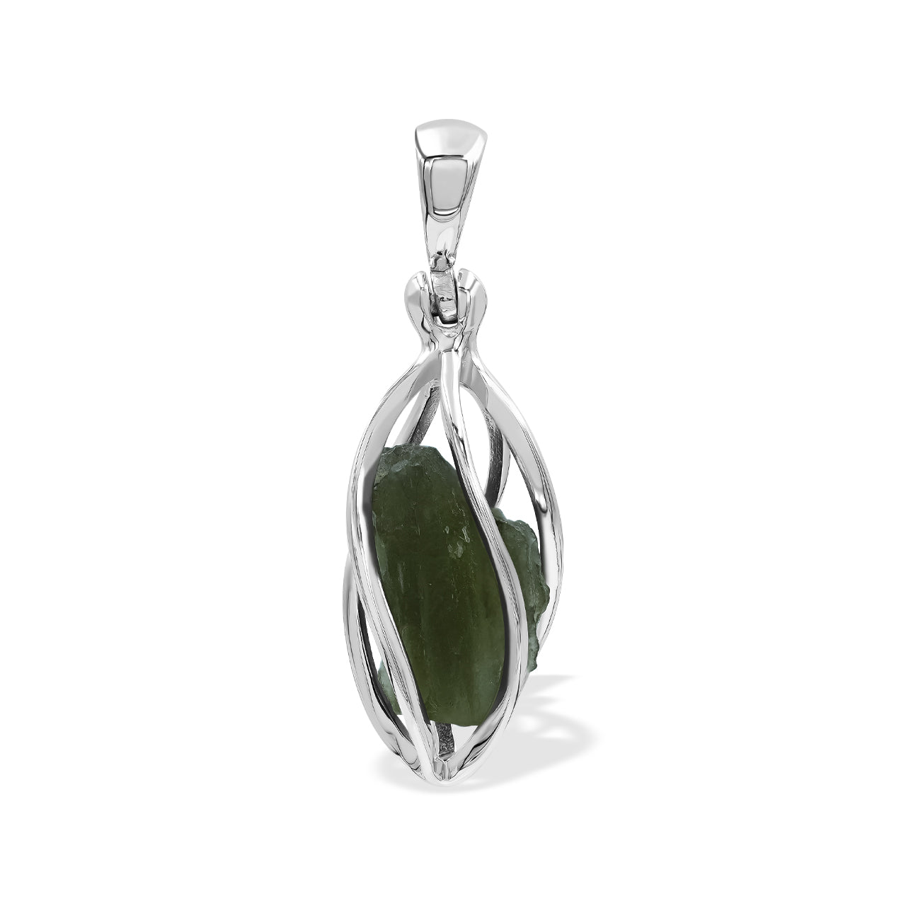 Starborn Natural Moldavite Pendant in Pointed Sterling Silver Spiral Cage
