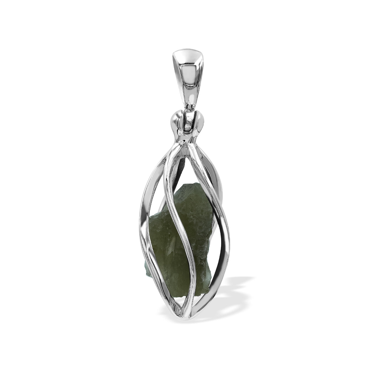 Starborn Natural Moldavite Pendant in Pointed Sterling Silver Spiral Cage