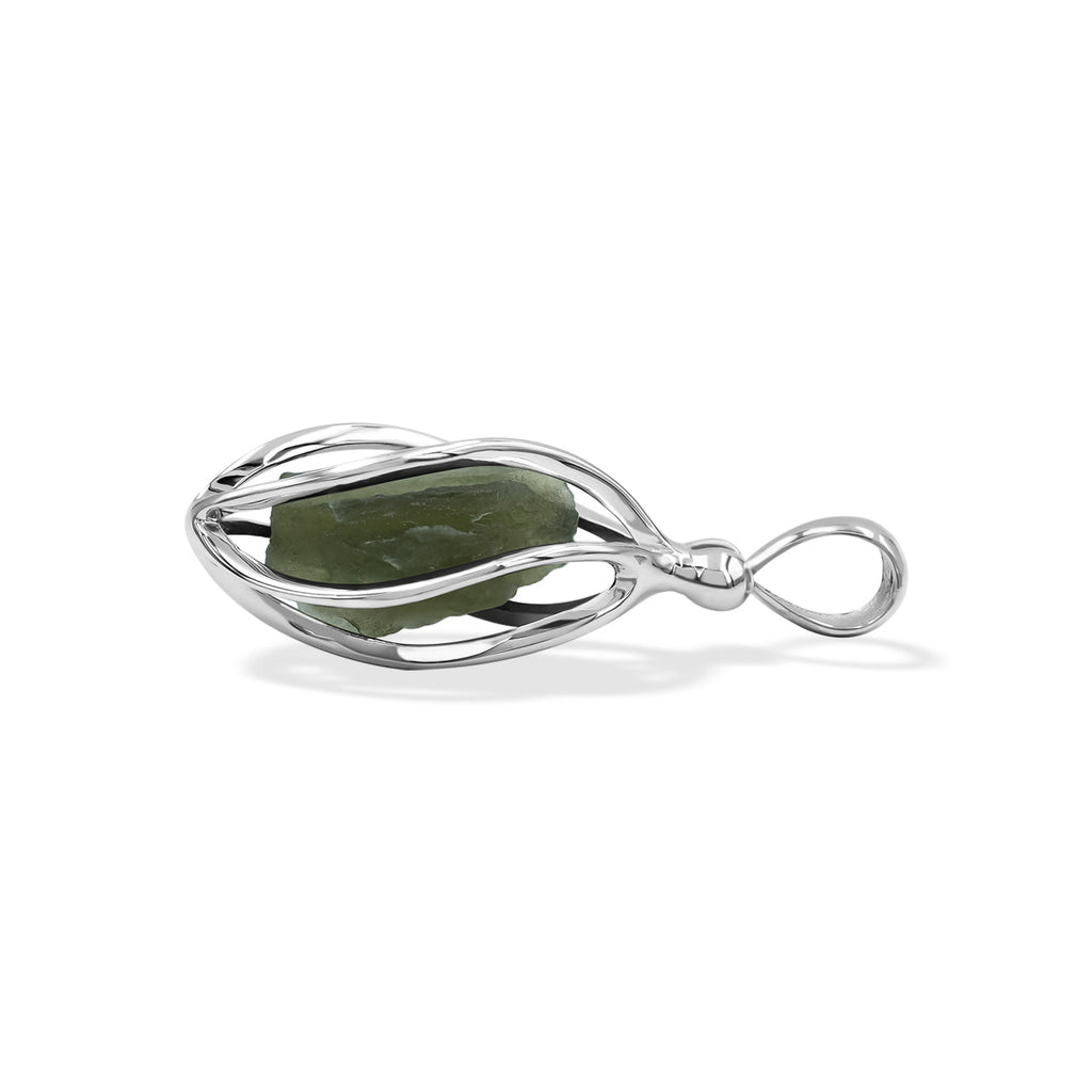 Starborn Natural Moldavite Pendant in Pointed Sterling Silver Spiral Cage