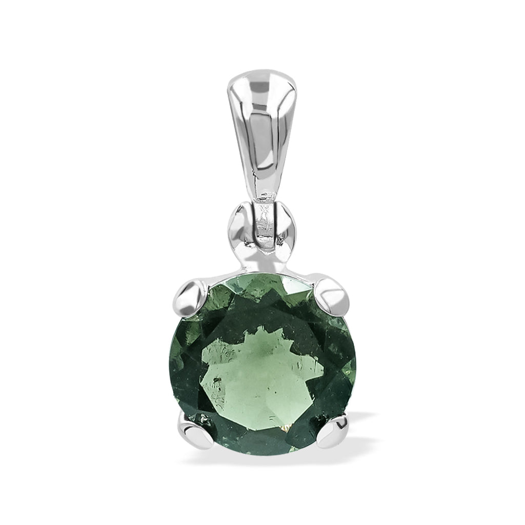 Starborn Faceted Round-Shaped Moldavite Pendant in Fine Sterling Silver