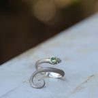 Starborn Coiled Snake Ring with Faceted Moldavite in Sterling Silver