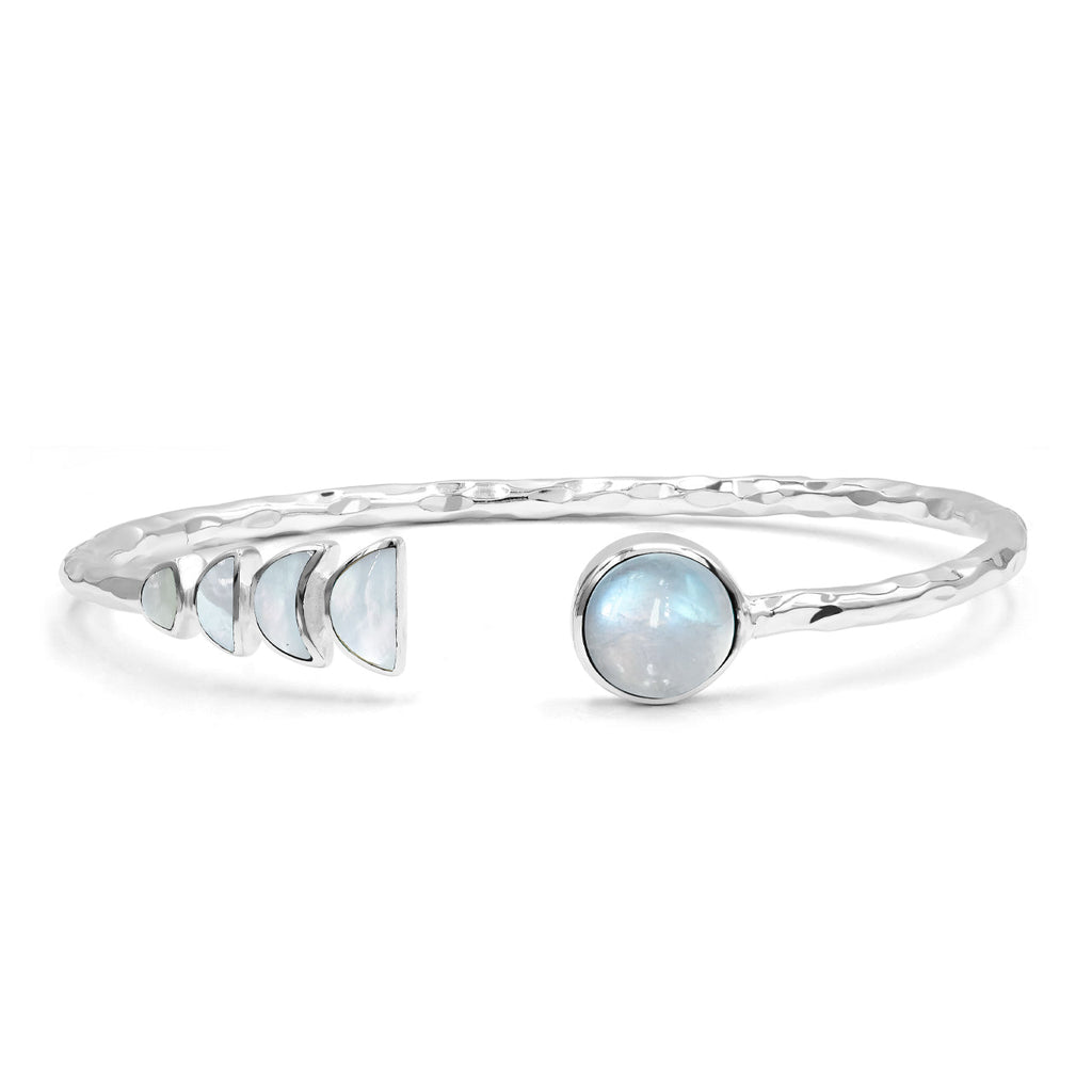 Starborn Open Bangle Bracelet with Moon Phase Gemstone Design in Sterling Silver