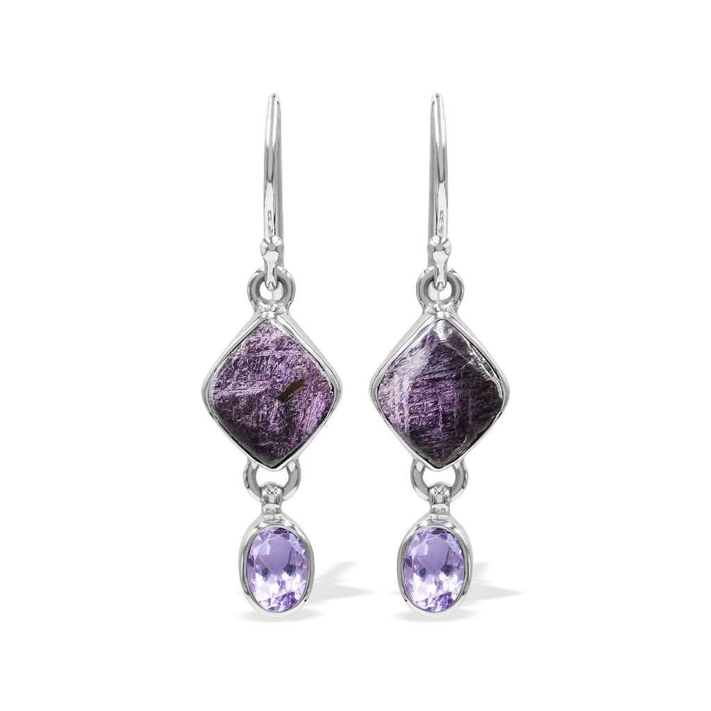 Starborn Purpurite and Amethyst Dangle Earrings in Sterling Silver
