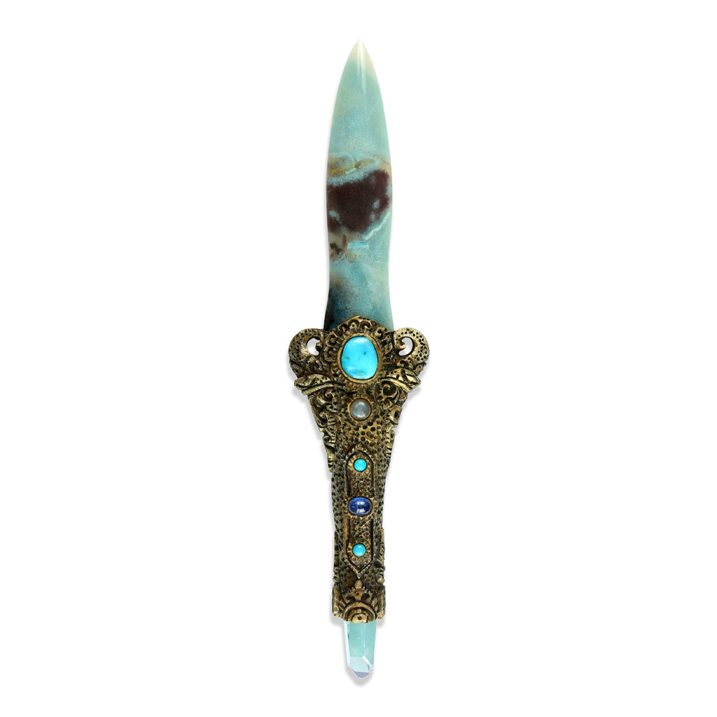 Starborn Troilite Crystal Wand with Aqua Aura Quartz Crystal & Decorative Carving Handle