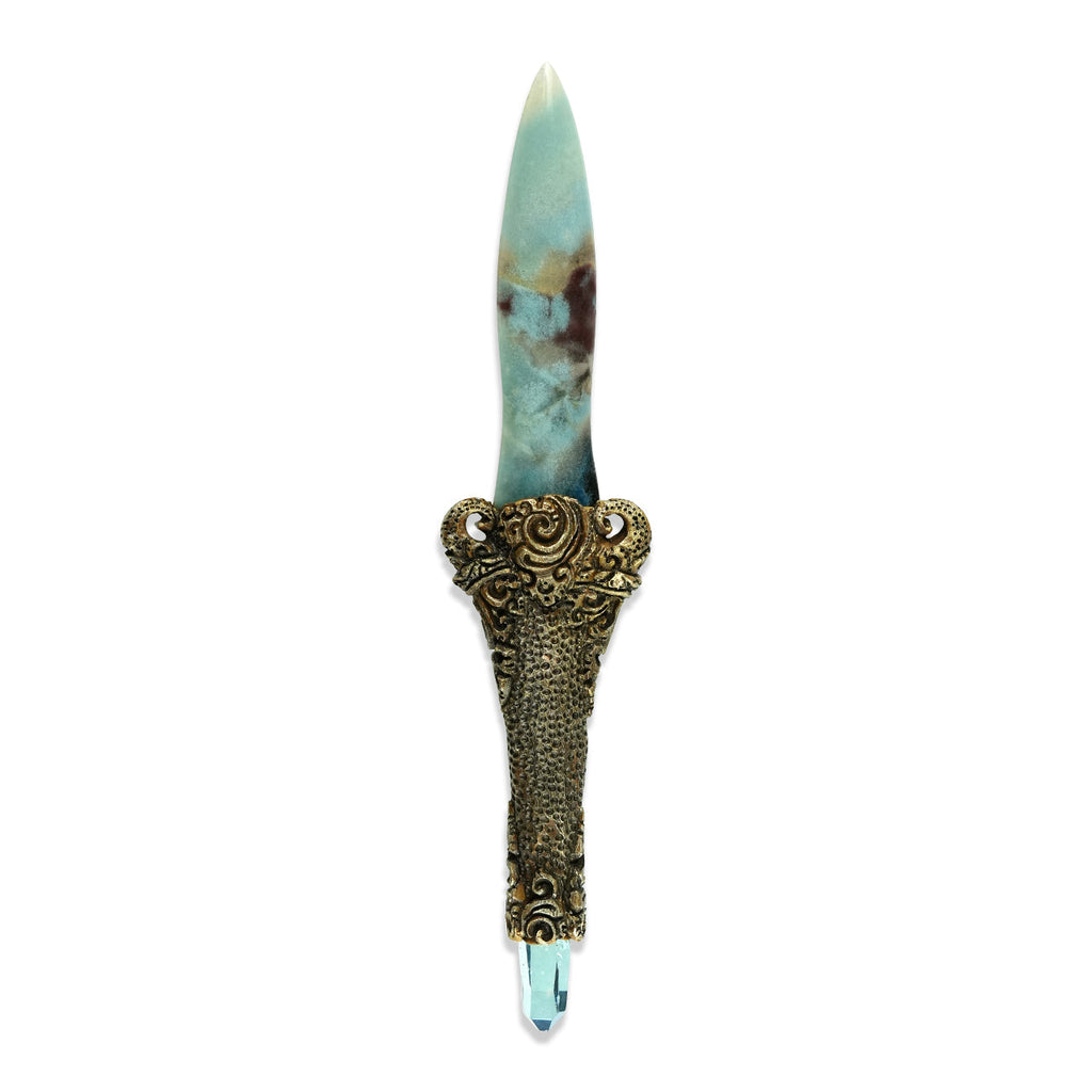 Starborn Troilite Crystal Wand with Aqua Aura Quartz Crystal & Decorative Carving Handle