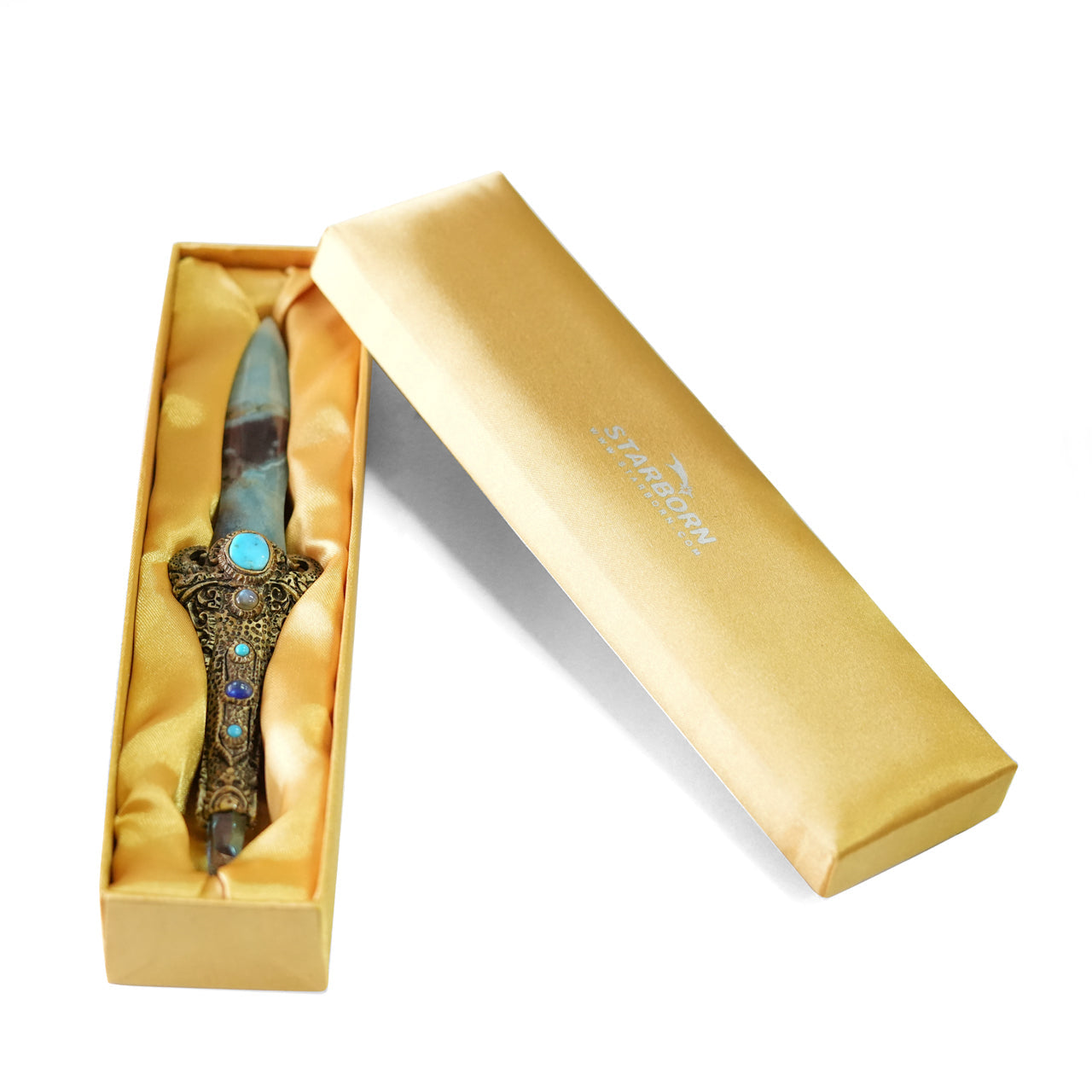 Starborn Troilite Crystal Wand with Aqua Aura Quartz Crystal & Decorative Carving Handle