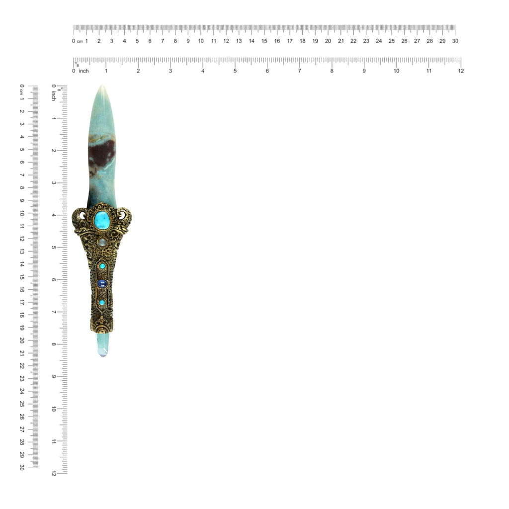 Starborn Troilite Crystal Wand with Aqua Aura Quartz Crystal & Decorative Carving Handle