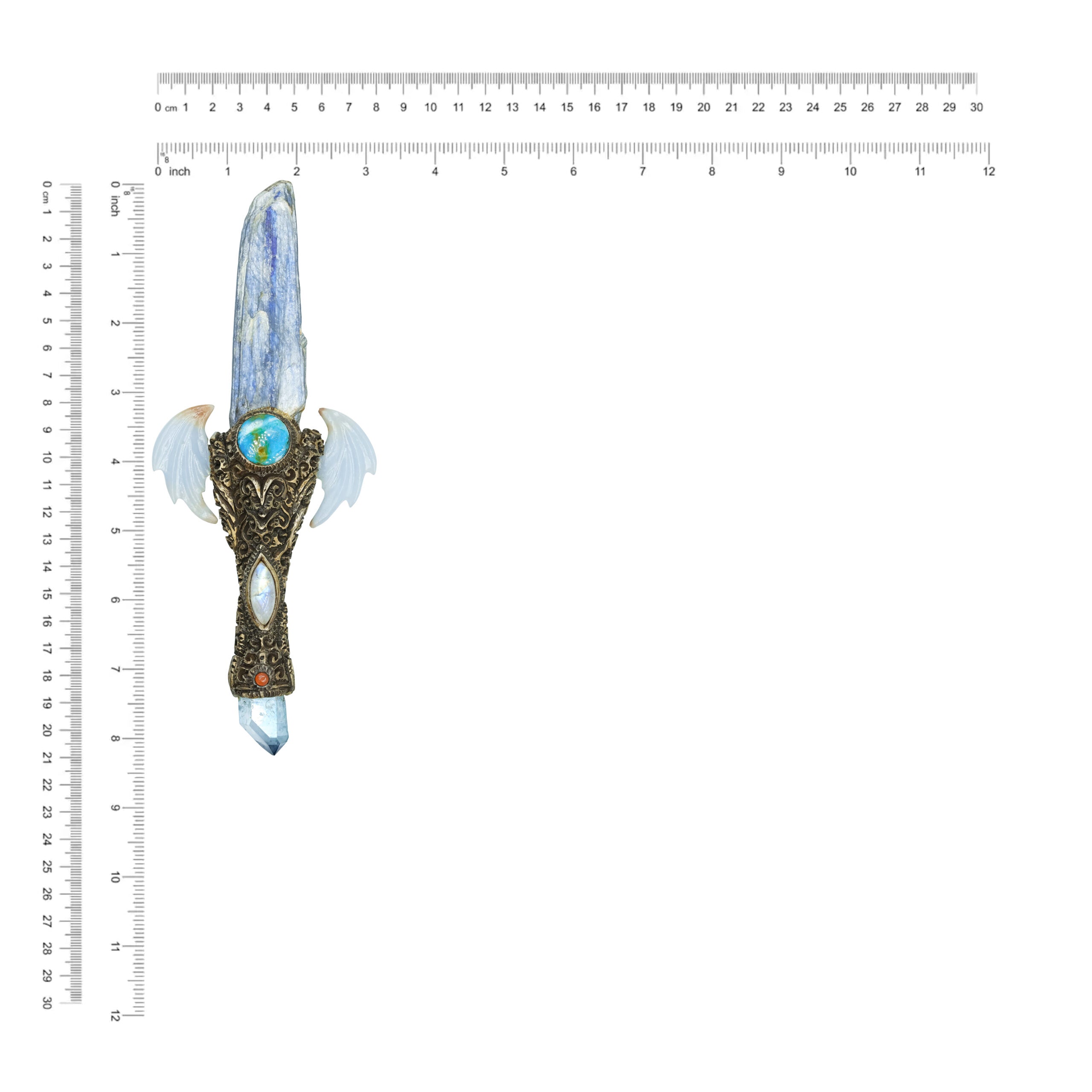 Starborn Decorative Kyanite Crystal Wand with Angelite Wings and Carved Clay Handle