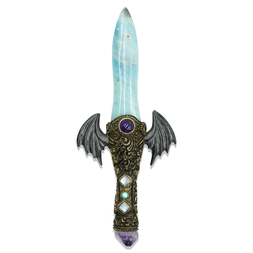 Starborn Troilite Crystal Wand with Carved Clay Handle & Fossil Palm Wood Wings