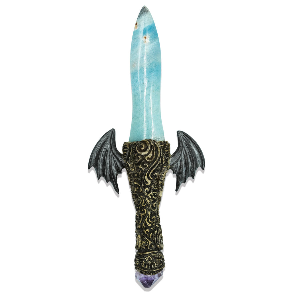 Starborn Troilite Crystal Wand with Carved Clay Handle & Fossil Palm Wood Wings