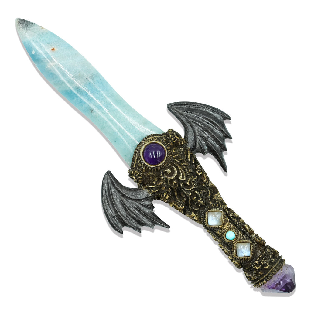 Starborn Troilite Crystal Wand with Carved Clay Handle & Fossil Palm Wood Wings