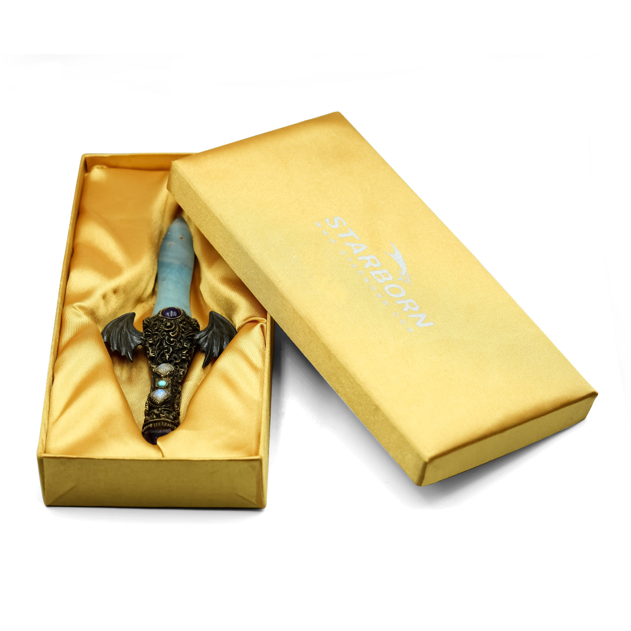 Starborn Troilite Crystal Wand with Carved Clay Handle & Fossil Palm Wood Wings