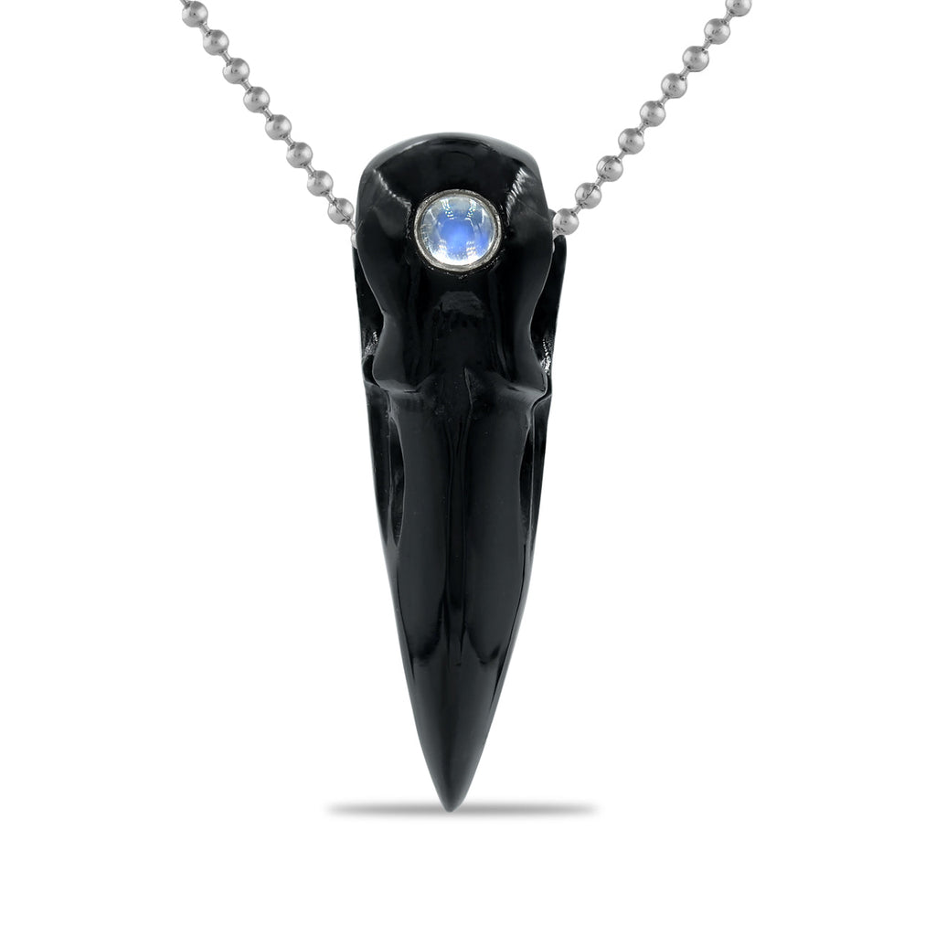 Starborn Round Cabochon Rainbow Moonstone and Rainbow Obsidian Raven Skull Pendant Necklace