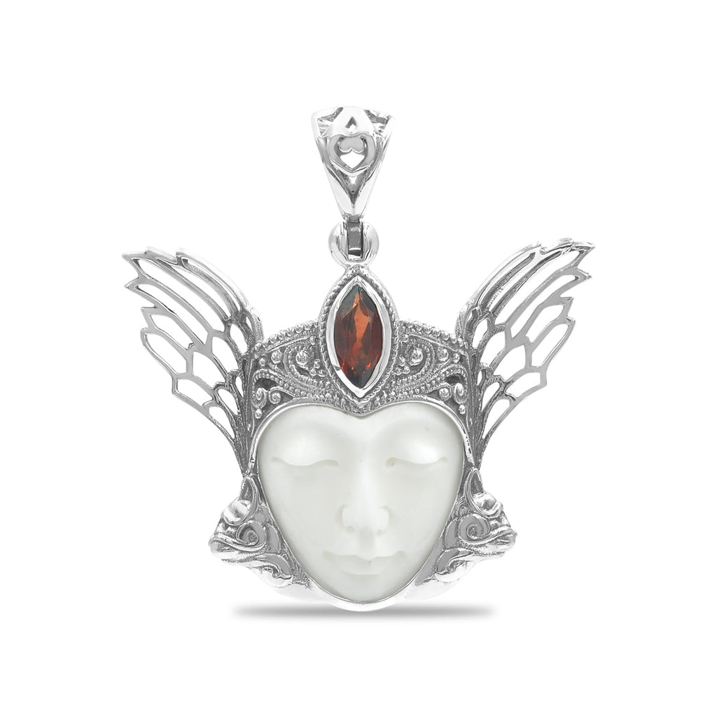 Starborn Carved Bone and Garnet Freya Mask Pendant in Sterling Silver